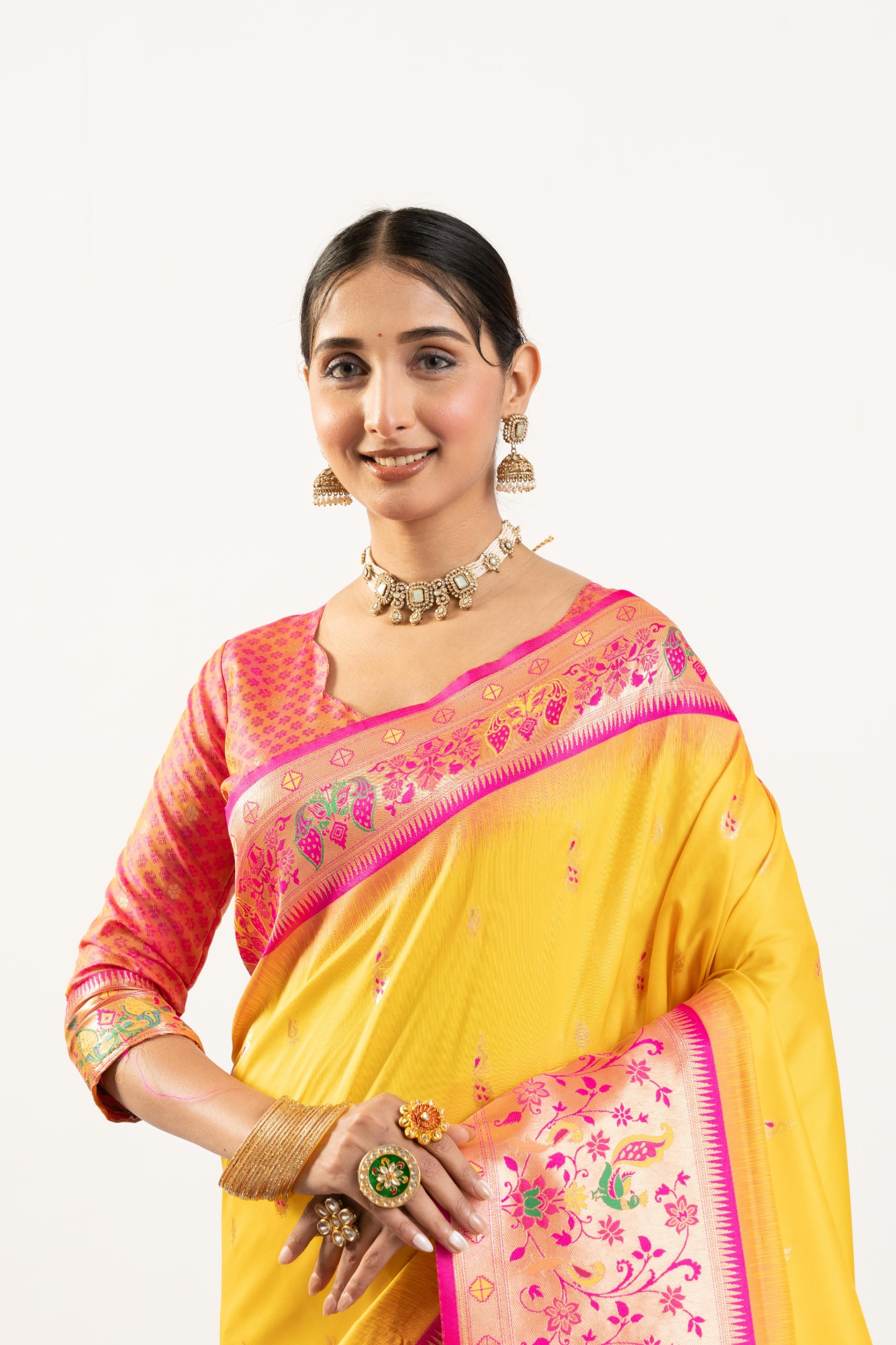 Yellow Pink Paithani Woven Banarasi Silk Saree
