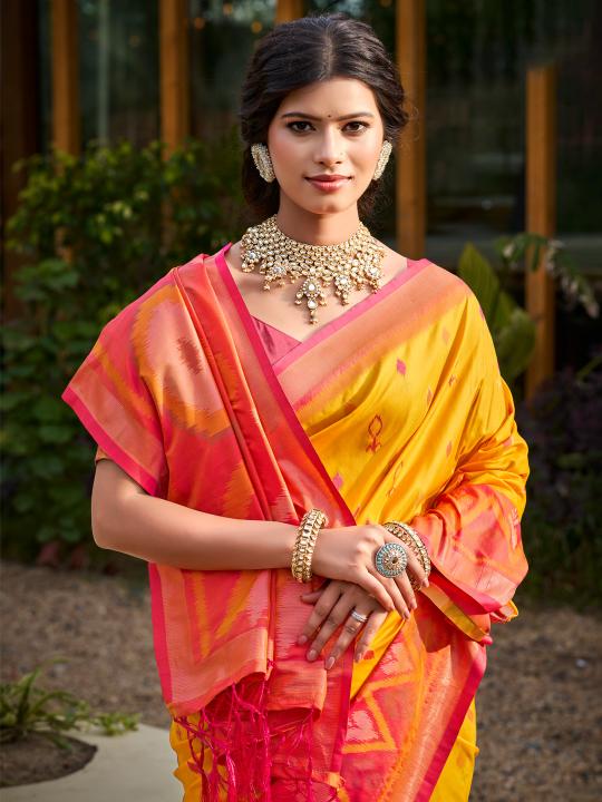 Yellow Pink Soft Silk Saree