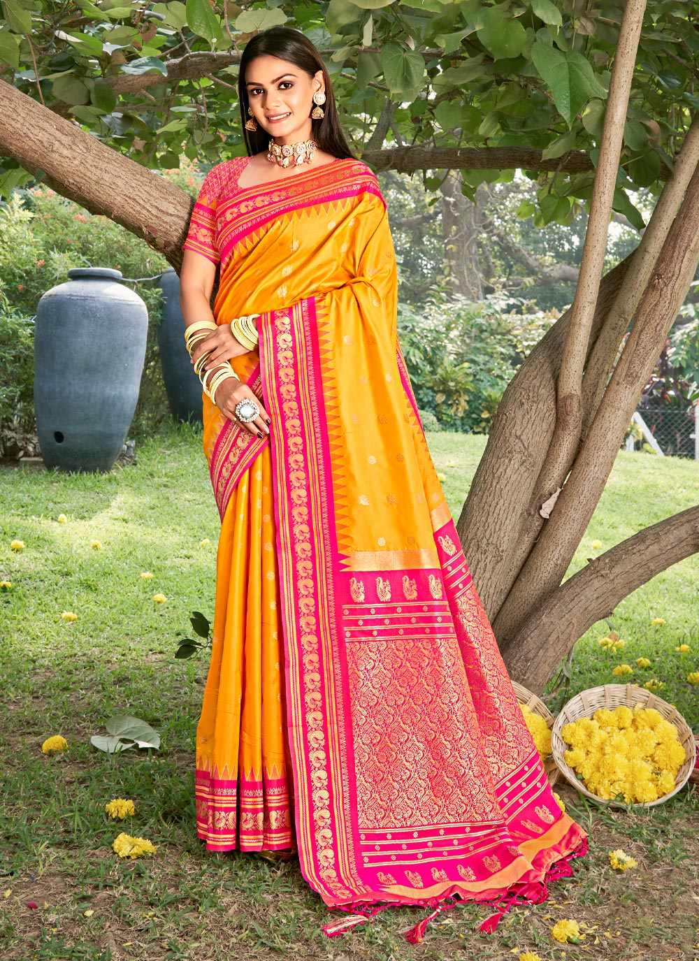 Yellow Pink Woven Soft Silk Saree