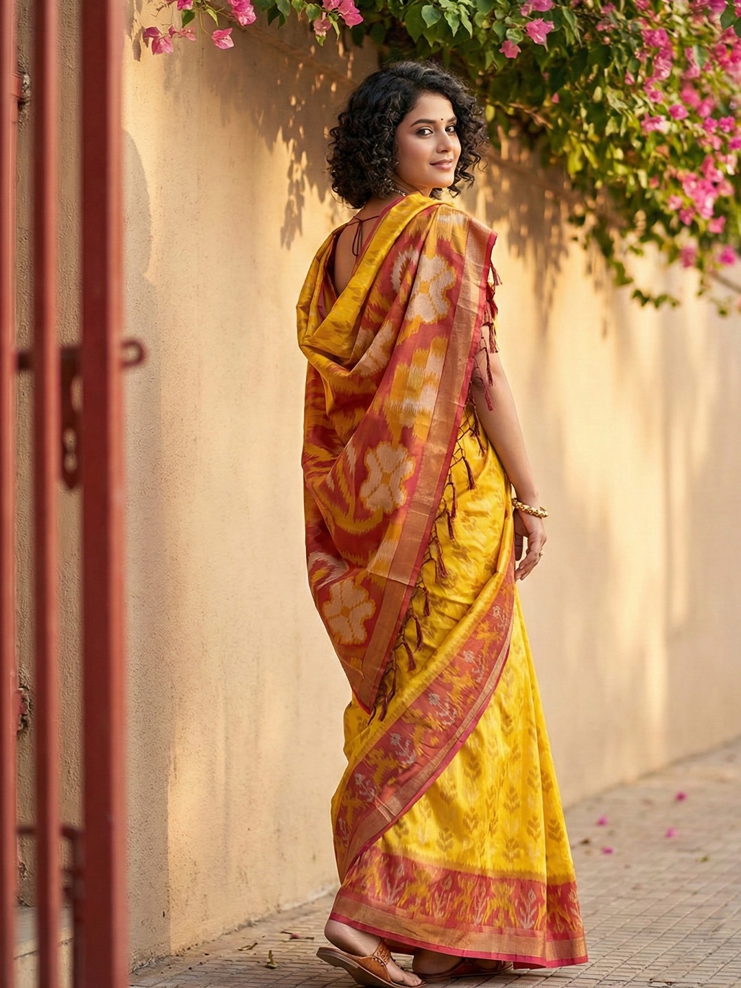 Yellow Pochampally Silk Woven Saree — alternate view