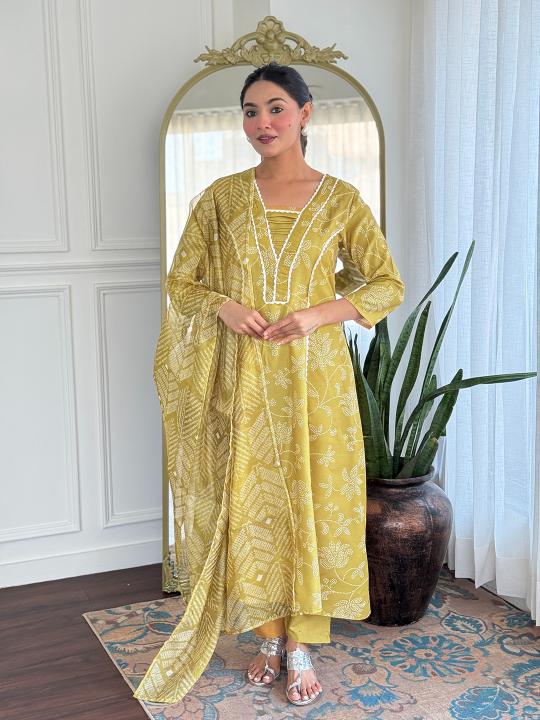 Yellow Printed Embroidered Rayon Salwar Suit