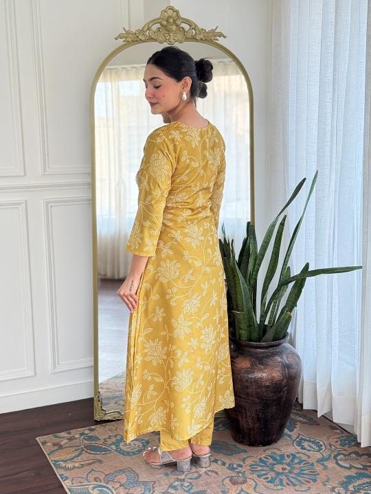 Yellow Printed Embroidered Rayon Salwar Suit — alternate view