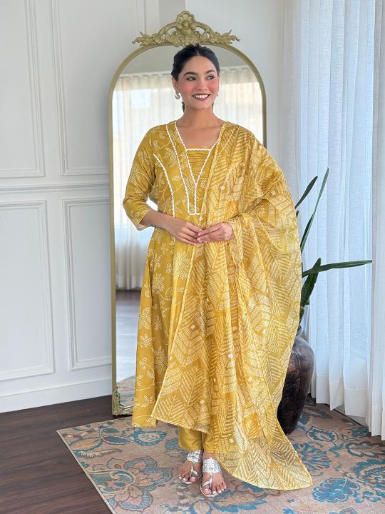Yellow Printed Embroidered Rayon Salwar Suit