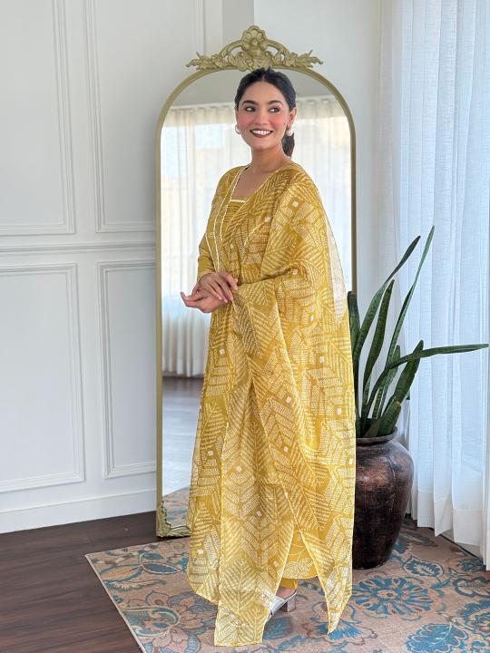 Yellow Printed Embroidered Rayon Salwar Suit