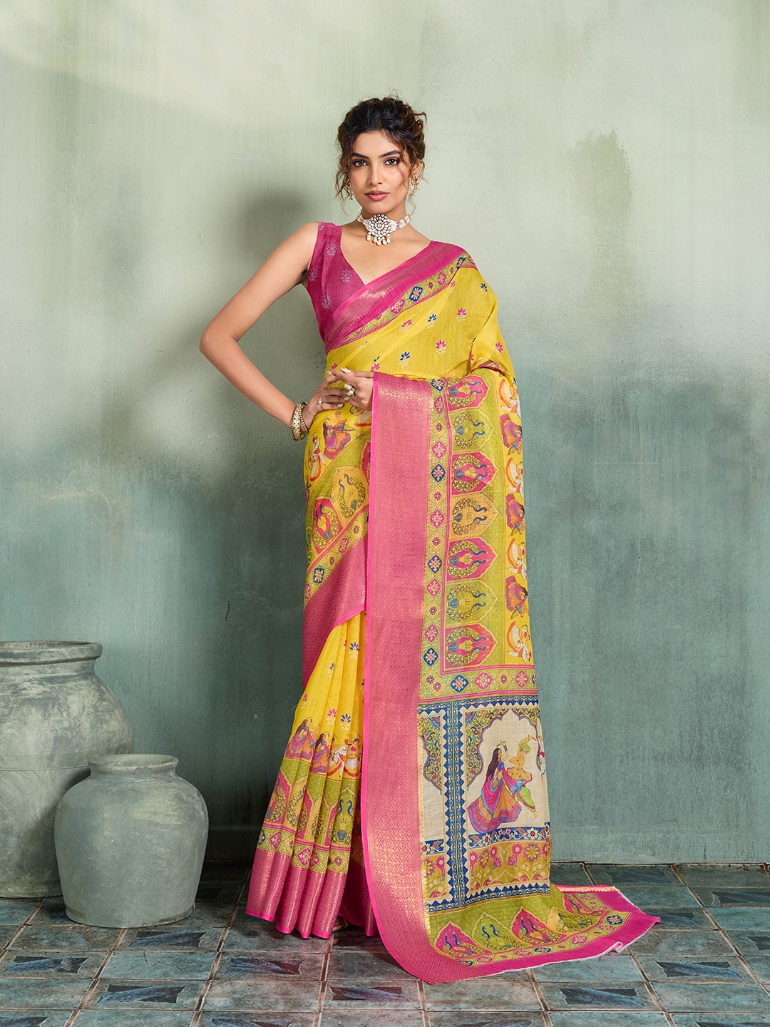Yellow Printed Jari Border Linen Saree
