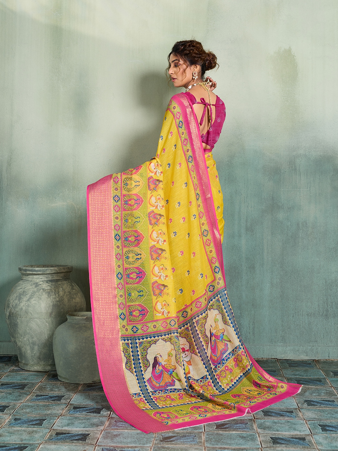 Yellow Printed Jari Border Linen Saree — alternate view