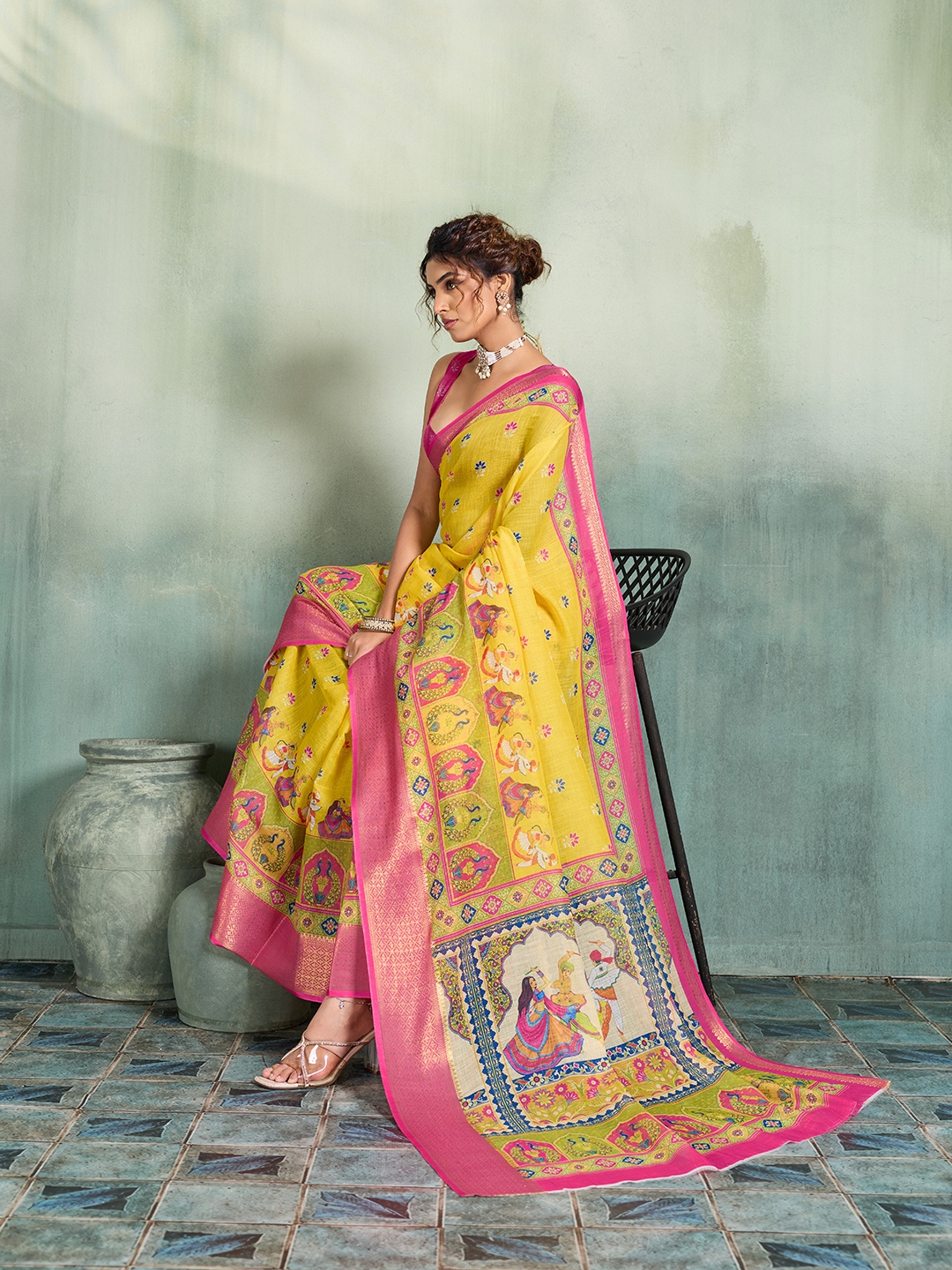 Yellow Printed Jari Border Linen Saree