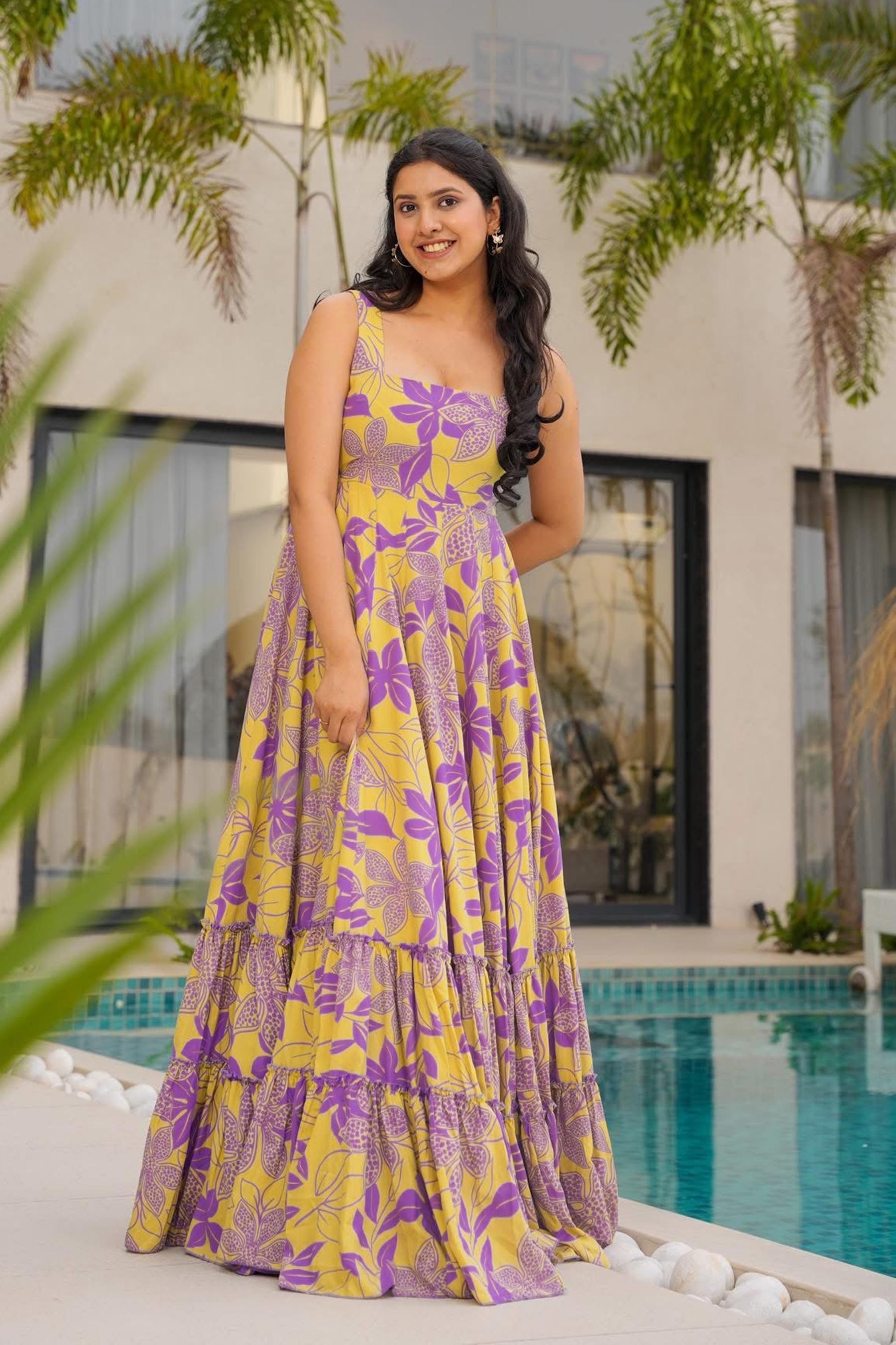 Yellow Printed Rayon Gown