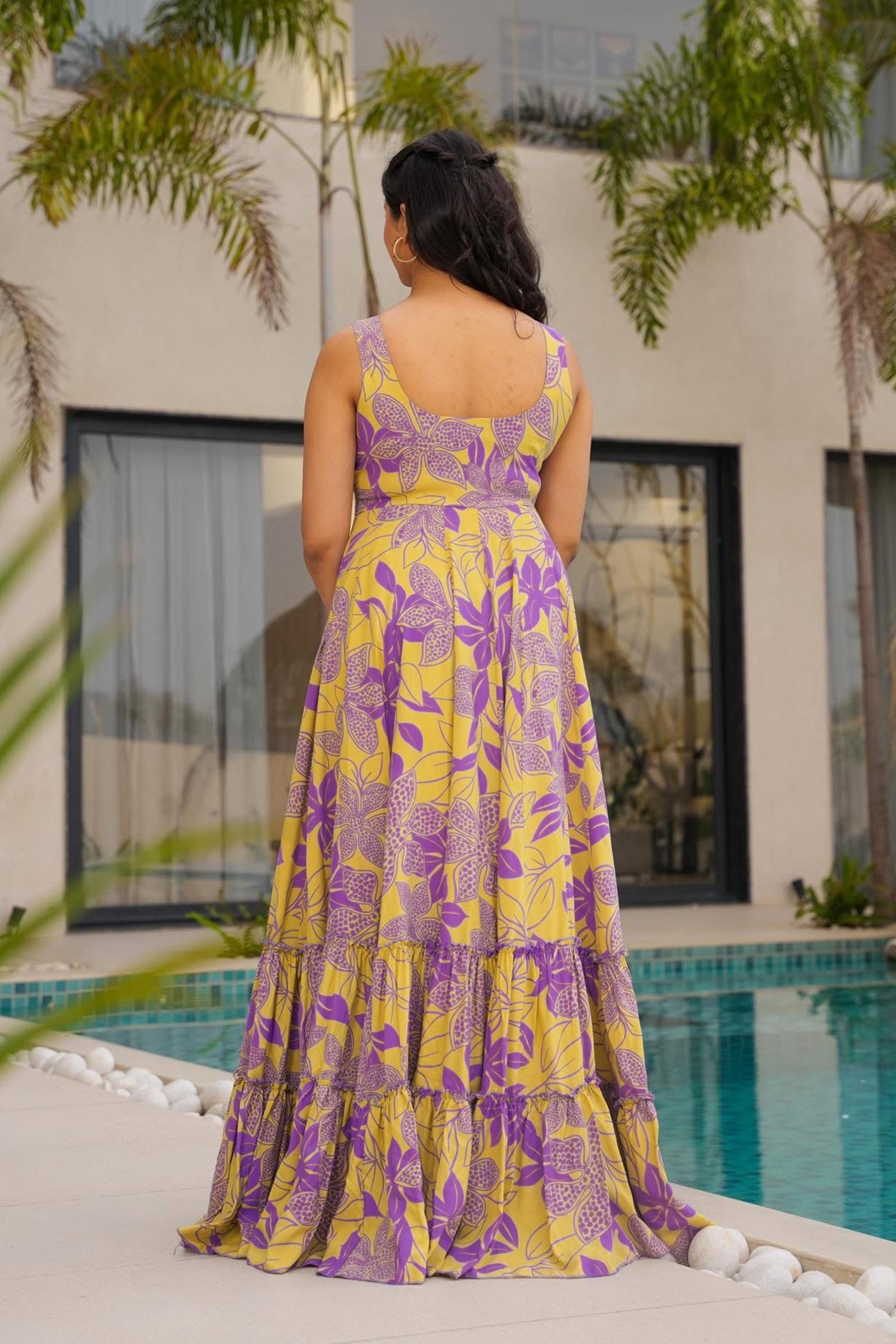 Yellow Printed Rayon Gown — alternate view