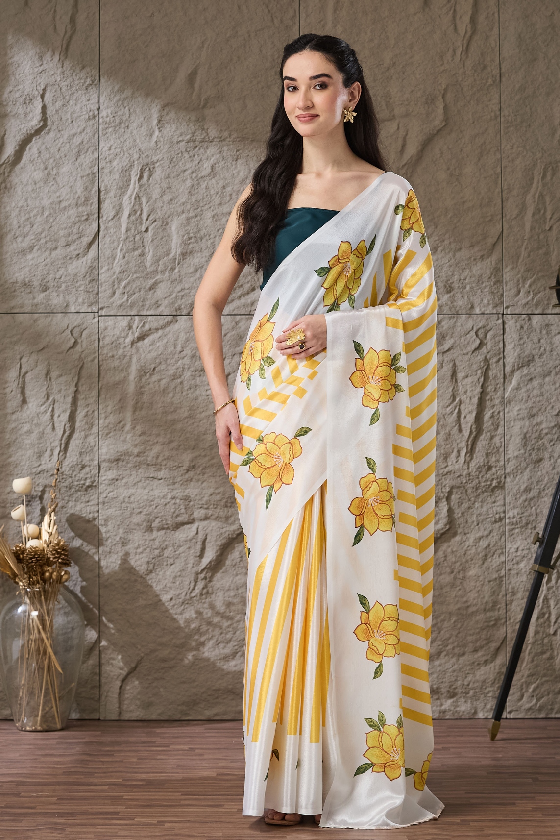 Yellow Printed Satin Ready To Wear Saree