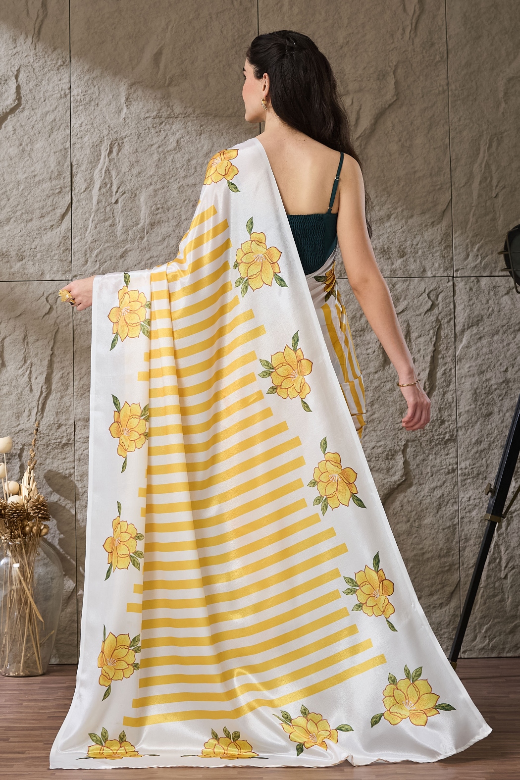 Yellow Printed Satin Ready To Wear Saree — alternate view
