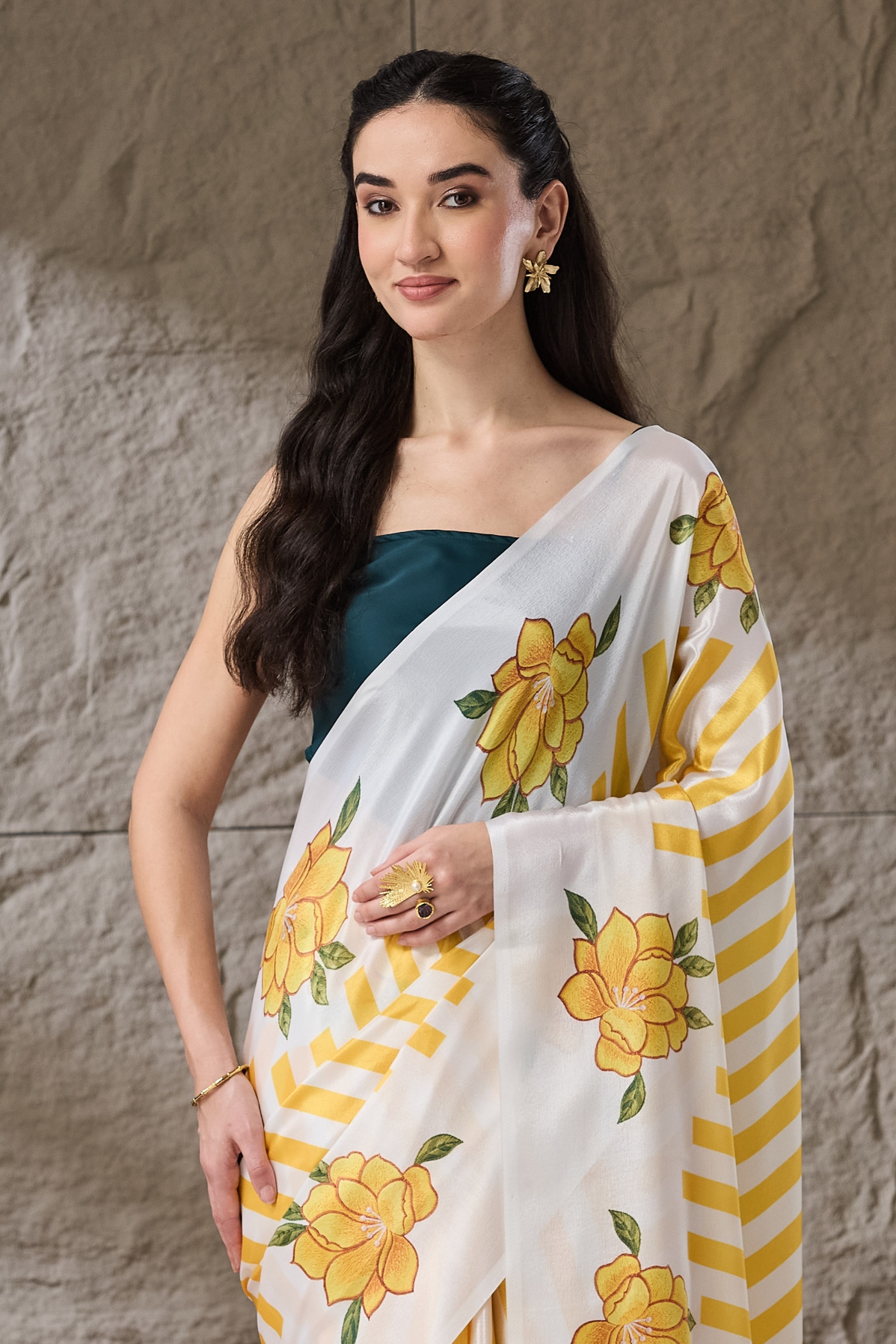 Yellow Printed Satin Ready To Wear Saree