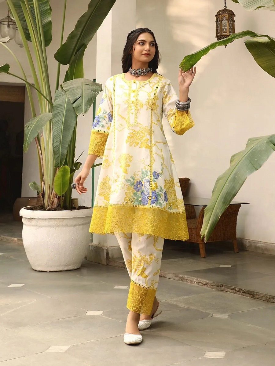 Yellow Printed Viscose Straight Suit