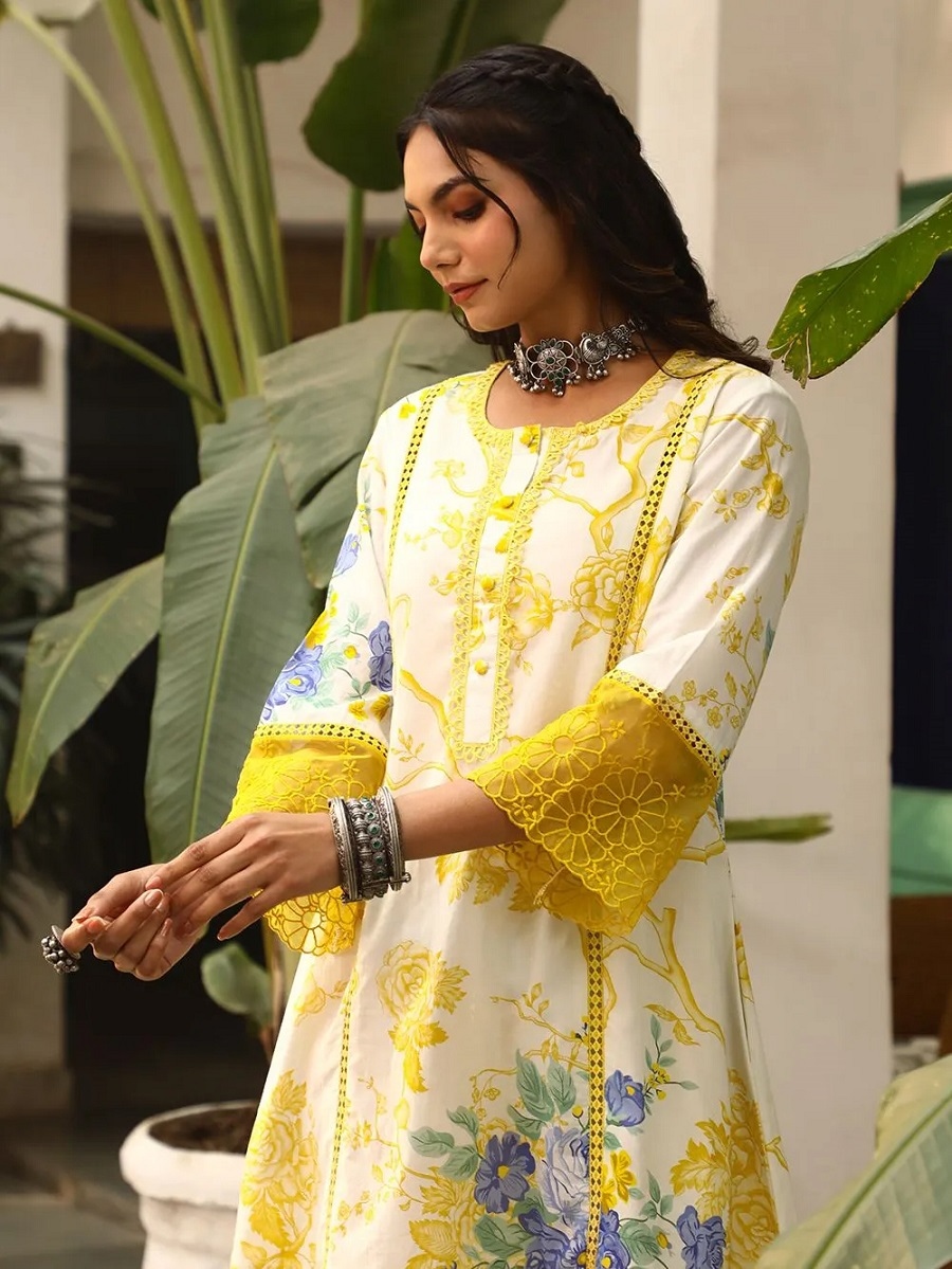 Yellow Printed Viscose Straight Suit — alternate view