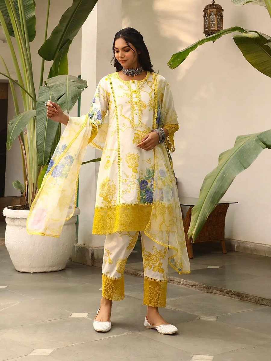 Yellow Printed Viscose Straight Suit
