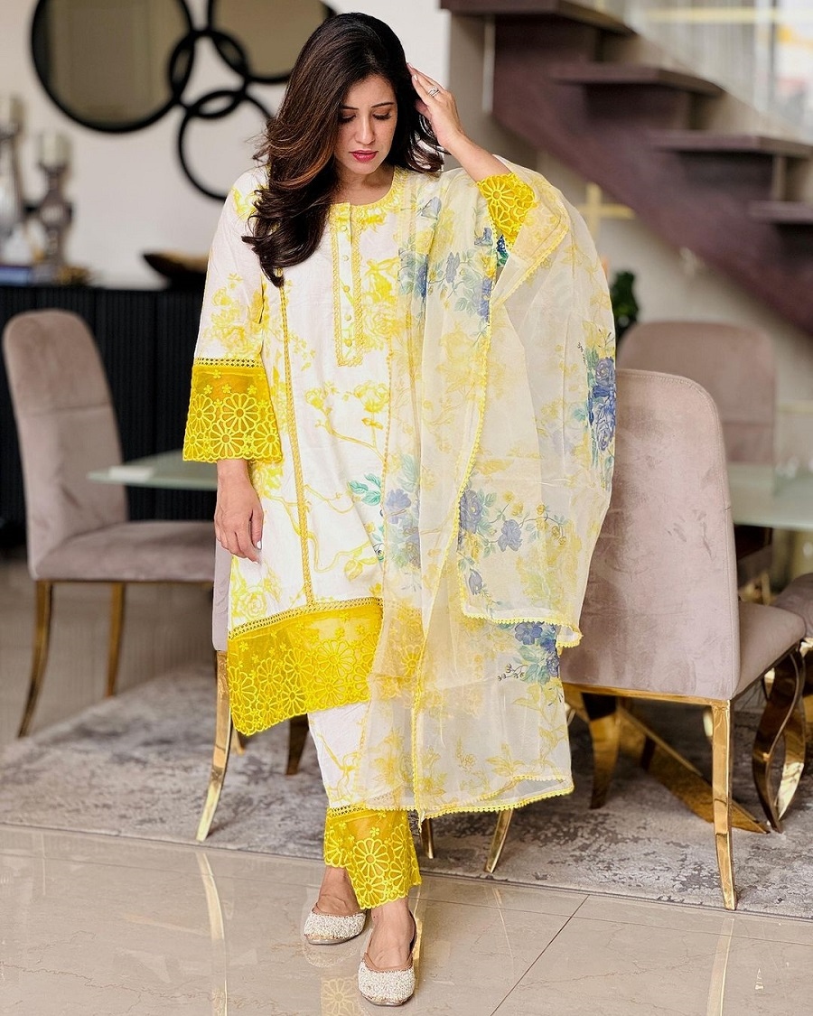 Yellow Printed Viscose Straight Suit