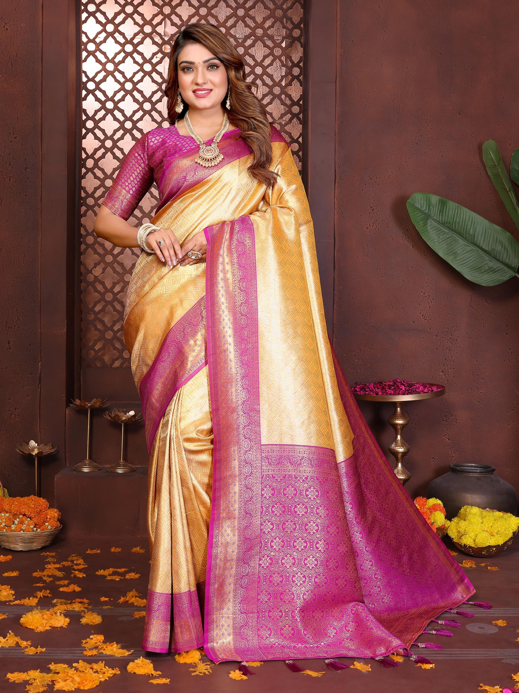 Yellow Purple Jacquard Woven Banarasi Tissue Silk Saree
