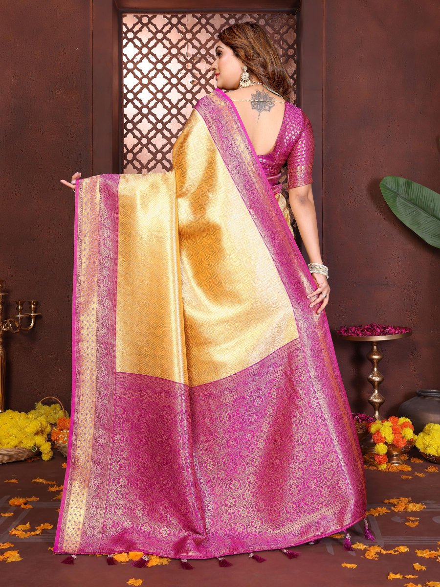 Yellow Purple Jacquard Woven Banarasi Tissue Silk Saree — alternate view