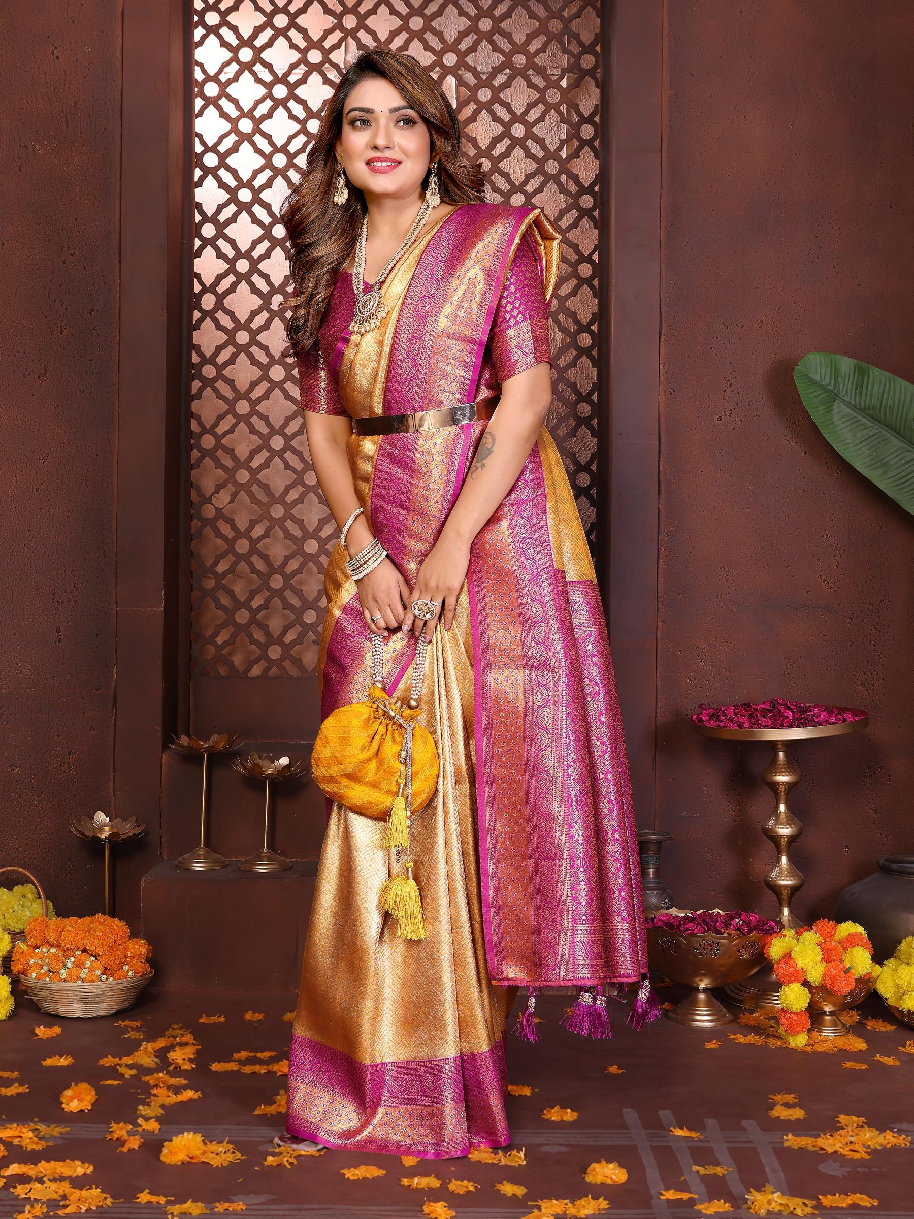 Yellow Purple Jacquard Woven Banarasi Tissue Silk Saree