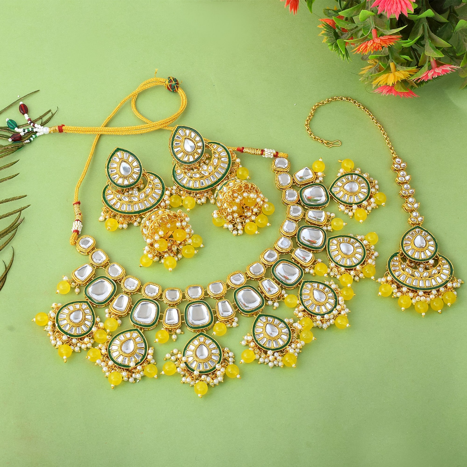 Yellow Rajwadi Kundan Bridal Jewellery Set — alternate view