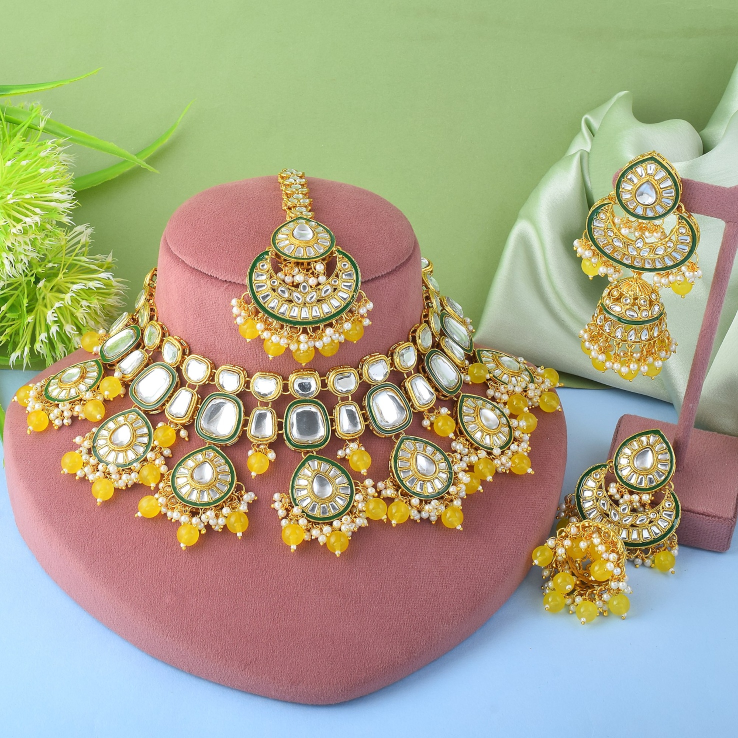Yellow Rajwadi Kundan Bridal Jewellery Set