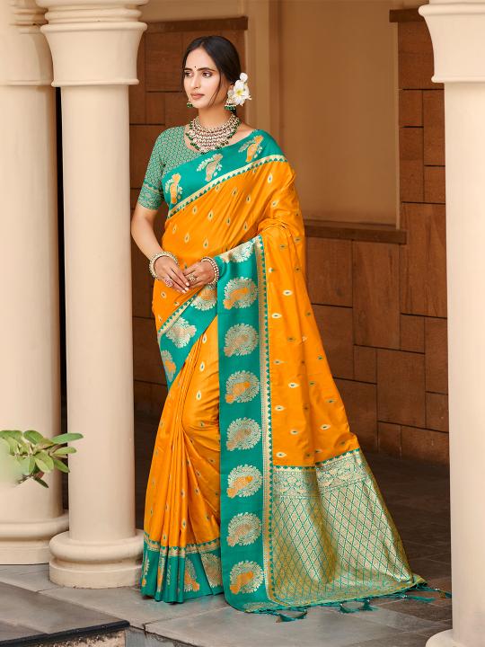 Yellow Rama Woven Designer Silk Saree