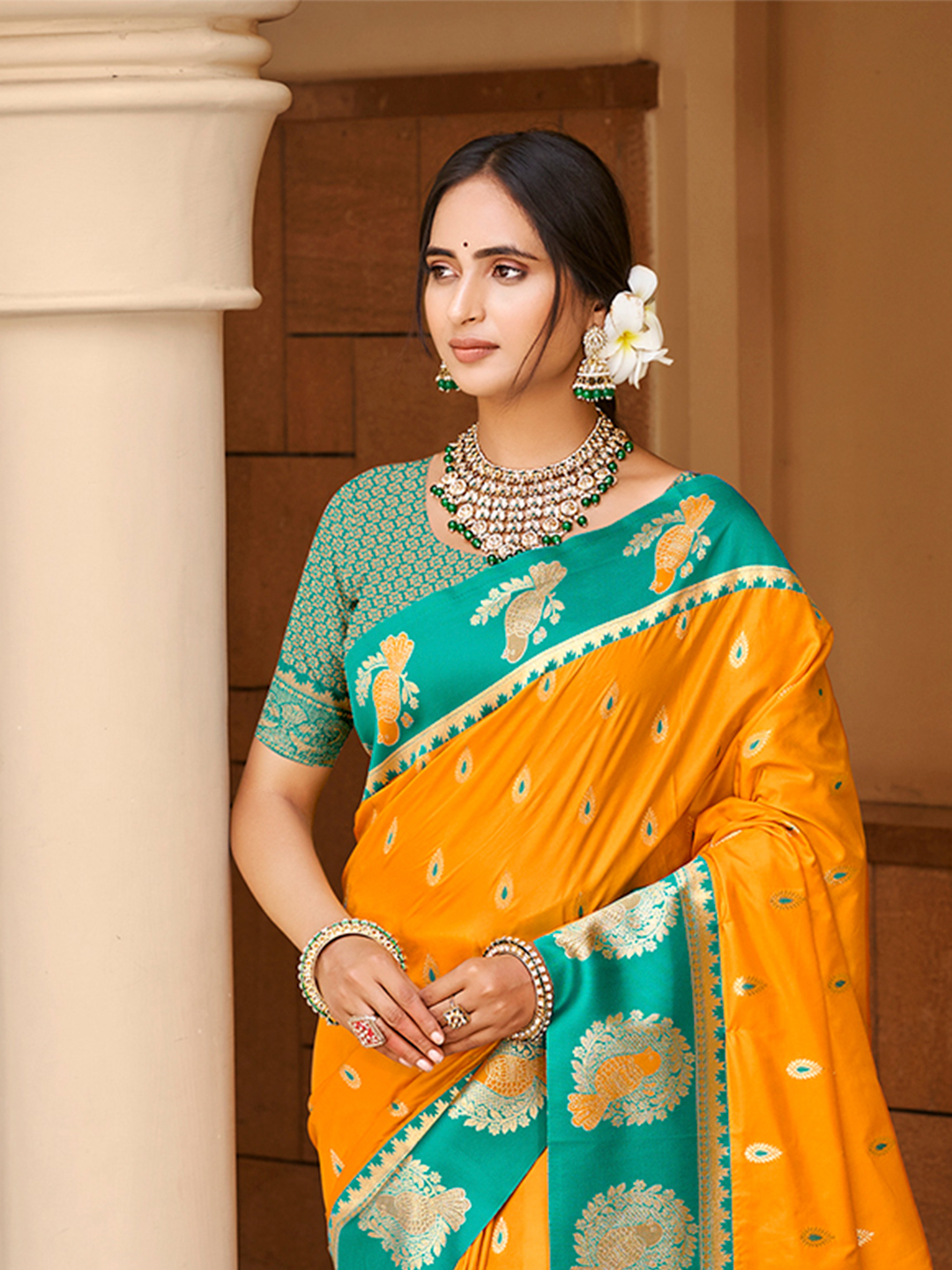 Yellow Rama Woven Designer Silk Saree
