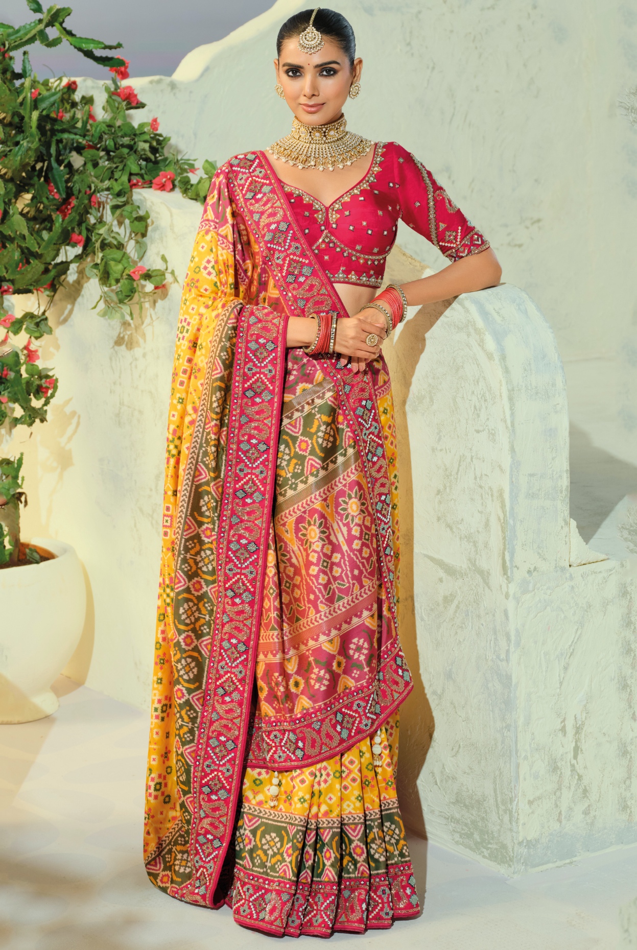 Yellow Rani Pink Patola Moti Pure Patan Saree