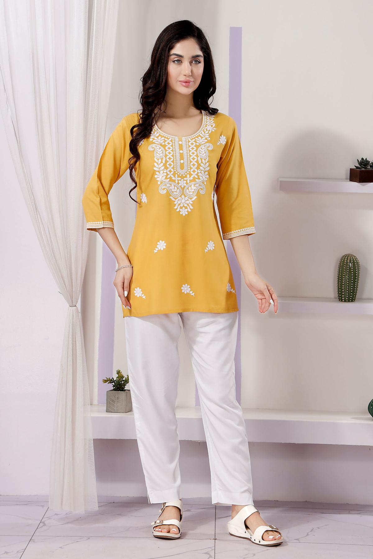 Yellow Rayon Designer Chikankari Embroidery Work
