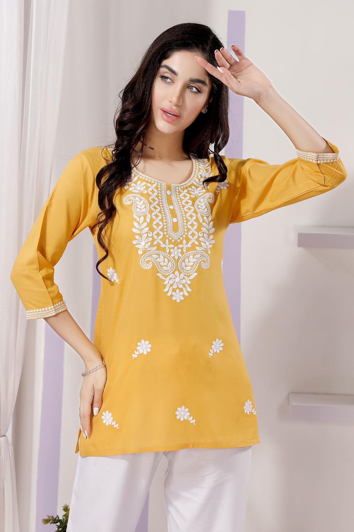 Yellow Rayon Designer Chikankari Embroidery Work — alternate view