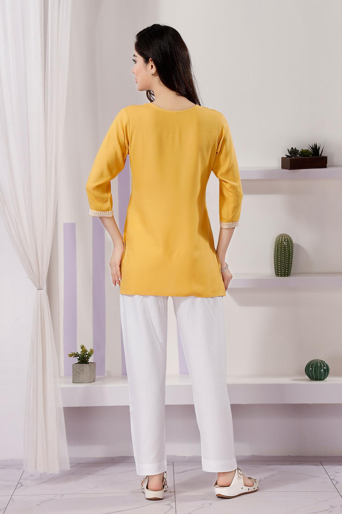 Yellow Rayon Designer Chikankari Embroidery Work