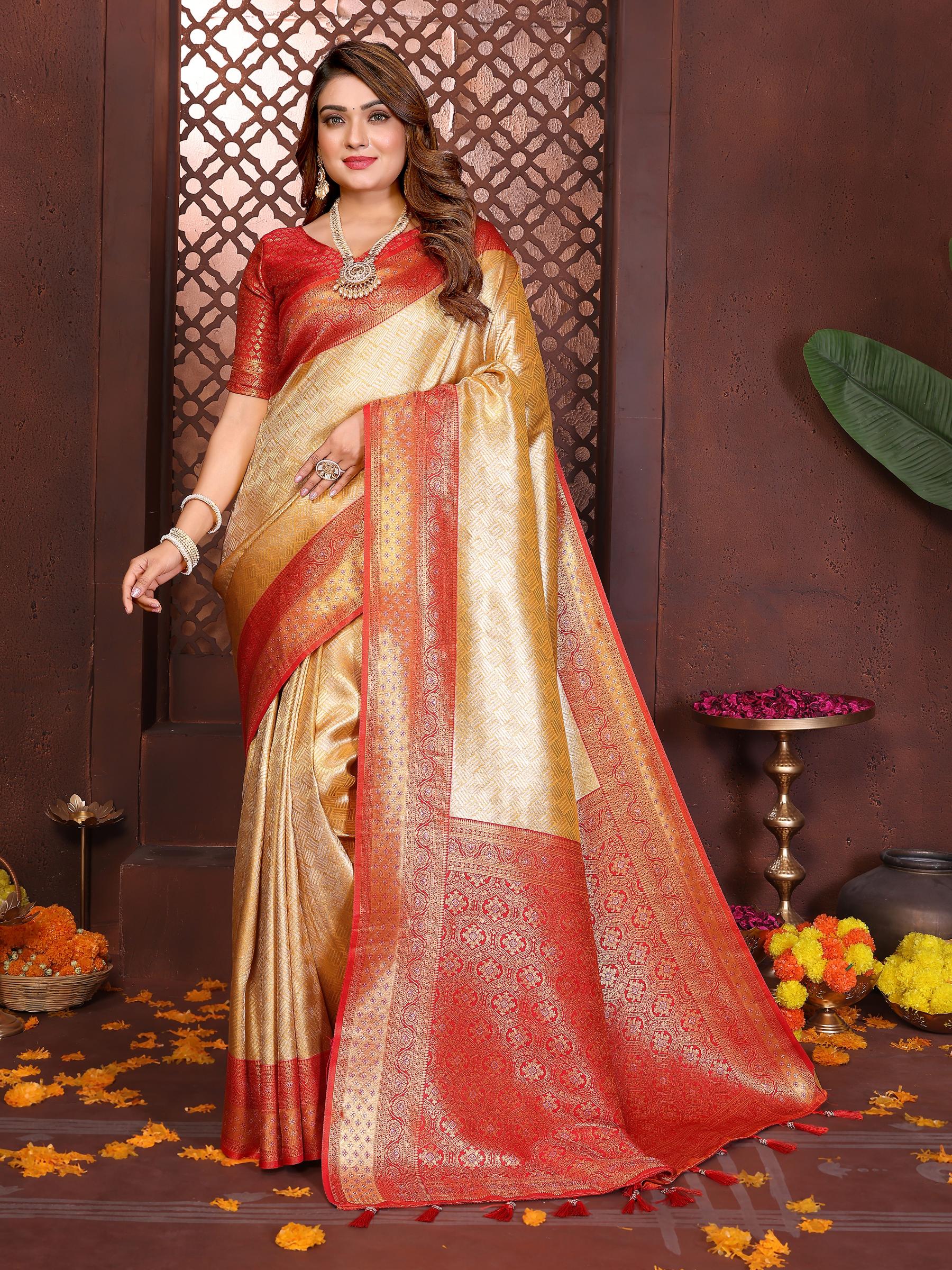 Yellow Red Jacquard Woven Banarasi Tissue Silk Saree
