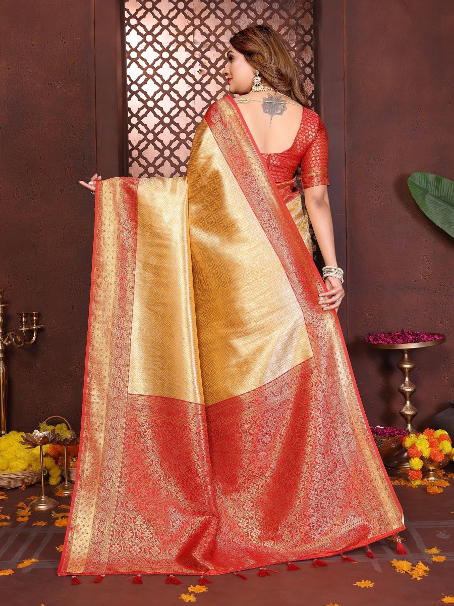 Yellow Red Jacquard Woven Banarasi Tissue Silk Saree — alternate view