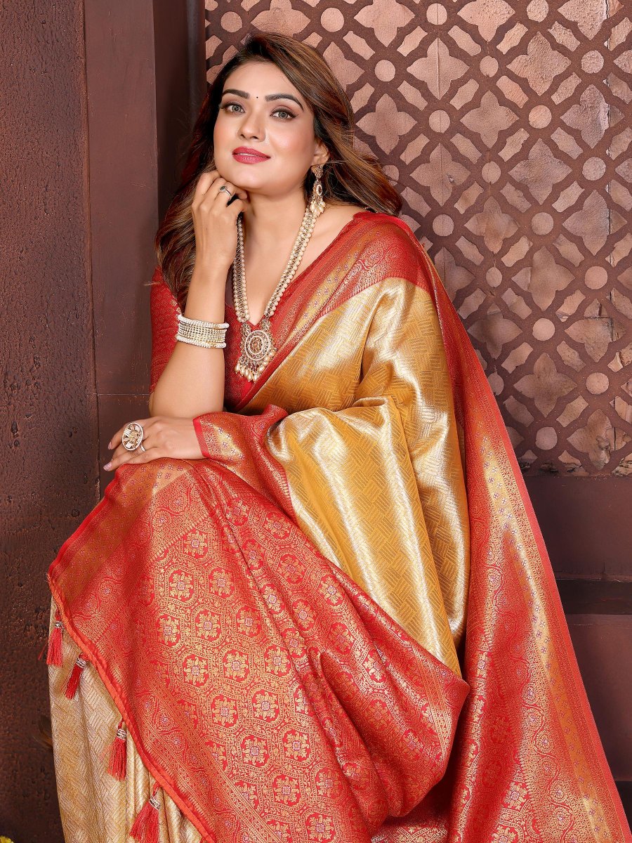 Yellow Red Jacquard Woven Banarasi Tissue Silk Saree