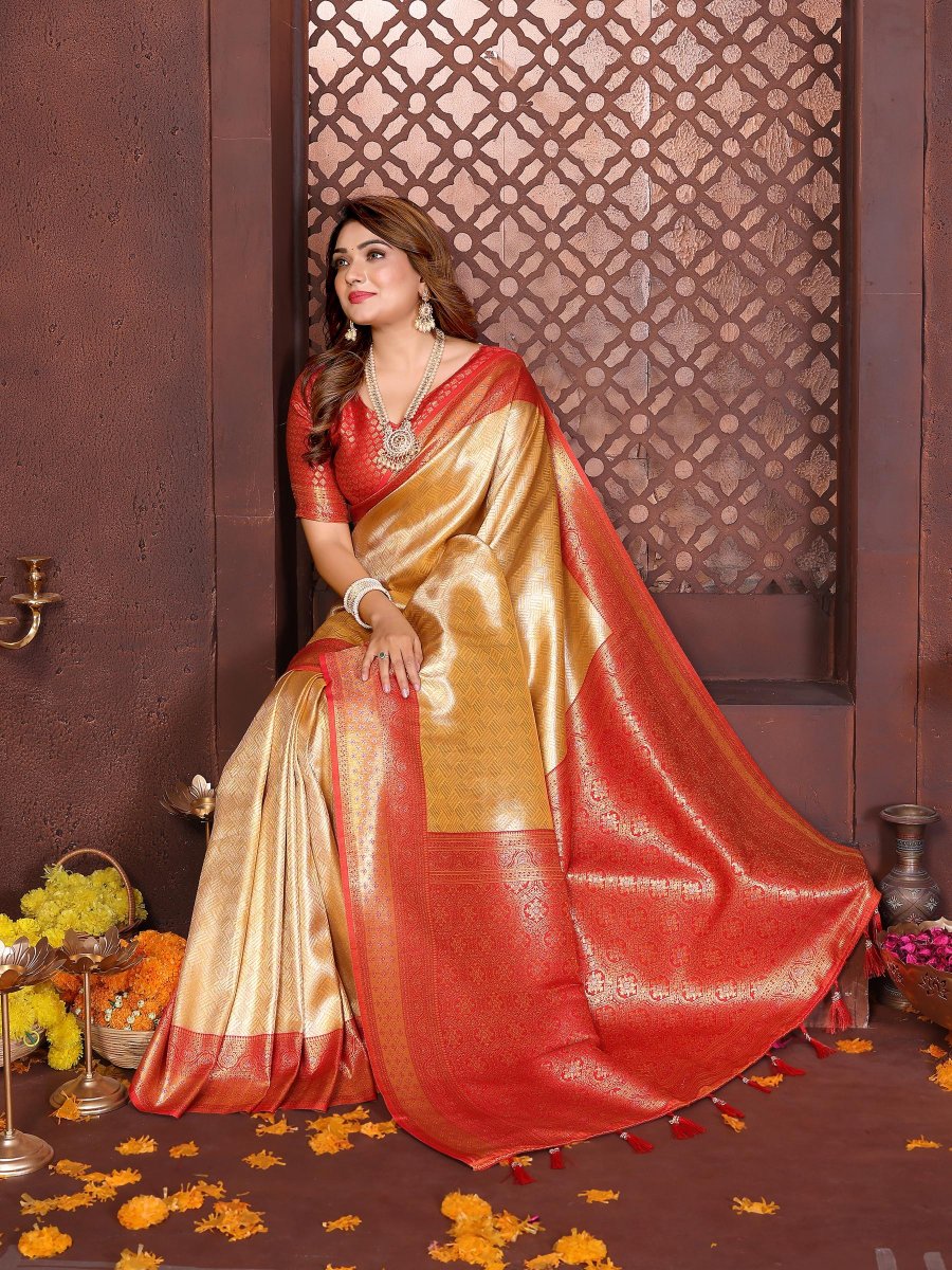 Yellow Red Jacquard Woven Banarasi Tissue Silk Saree