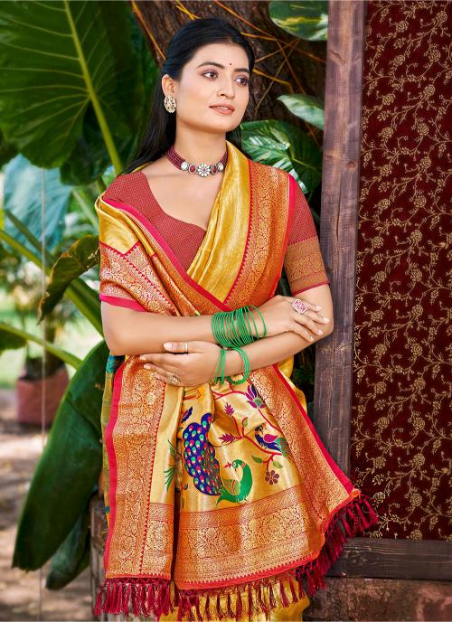 Yellow Red Kanjivaram Silk Saree — alternate view