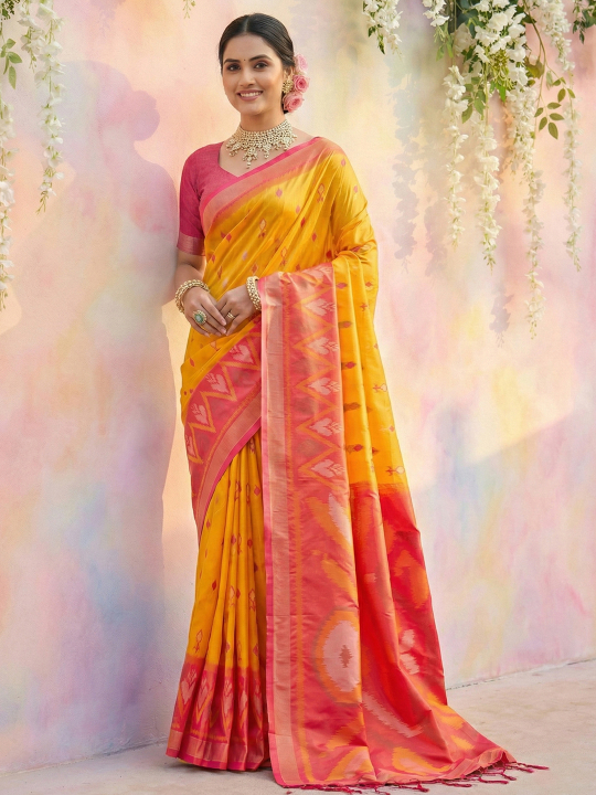 Yellow Red Woven Soft Silk Designer Saree