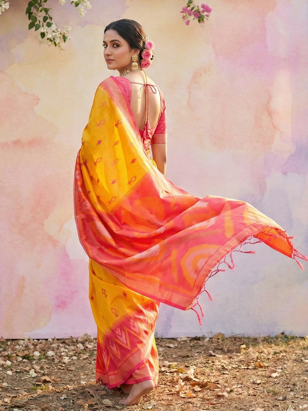 Yellow Red Woven Soft Silk Designer Saree — alternate view