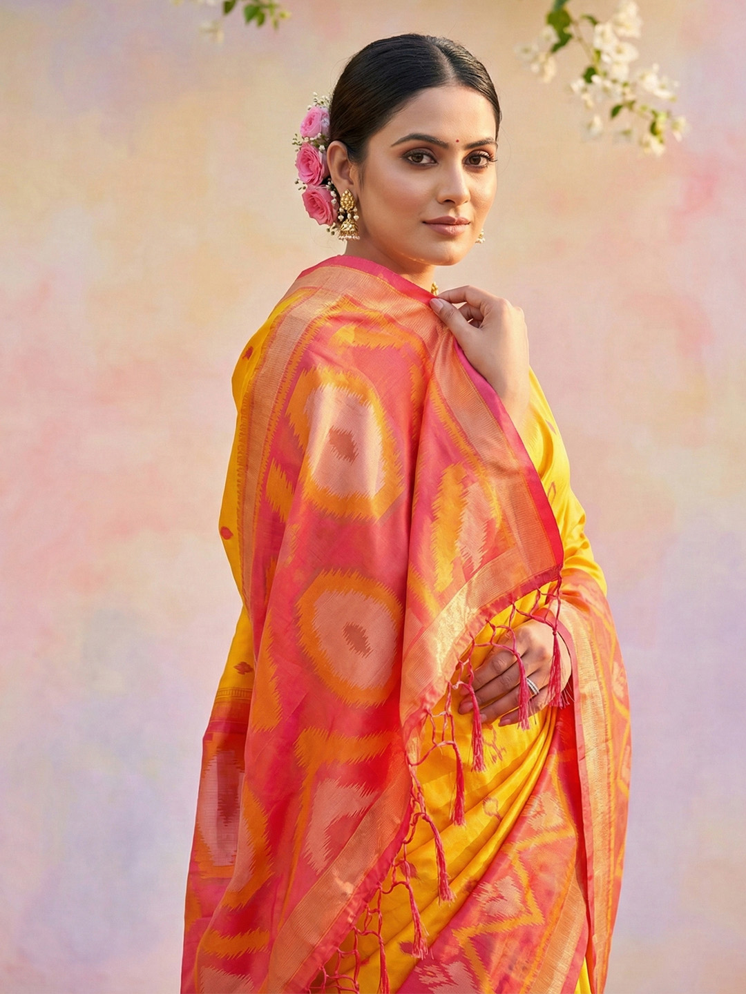 Yellow Red Woven Soft Silk Designer Saree