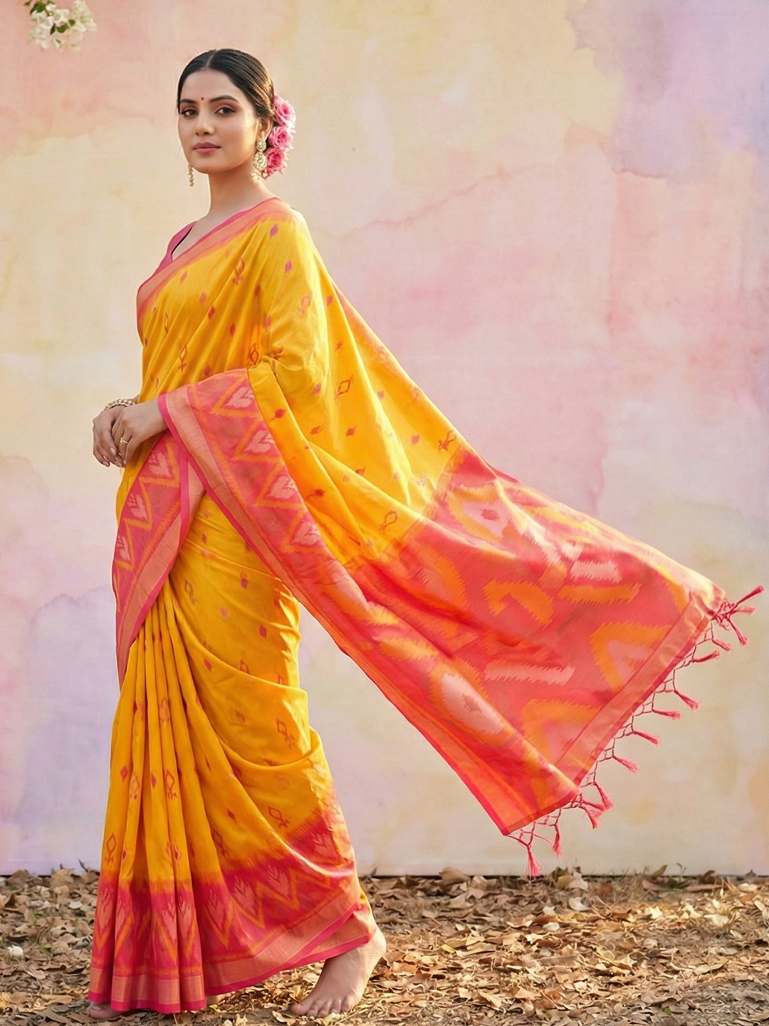 Yellow Red Woven Soft Silk Designer Saree
