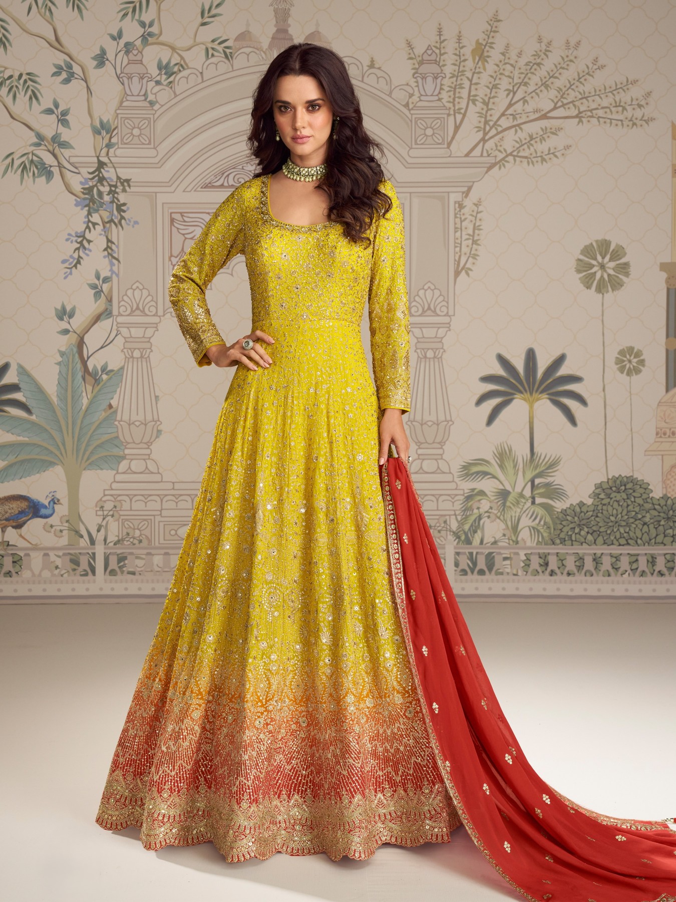 Yellow Red Zari Embroidered Georgette Anarkali Gown