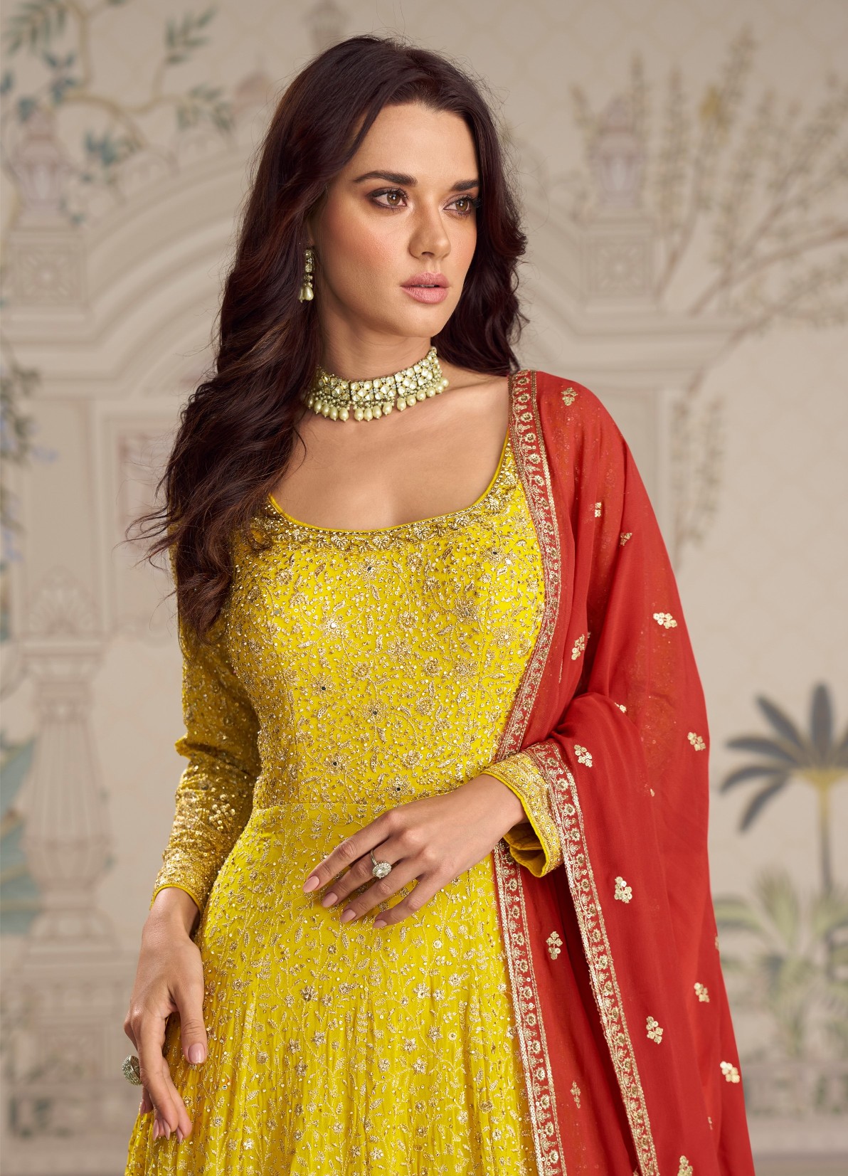 Yellow Red Zari Embroidered Georgette Anarkali Gown