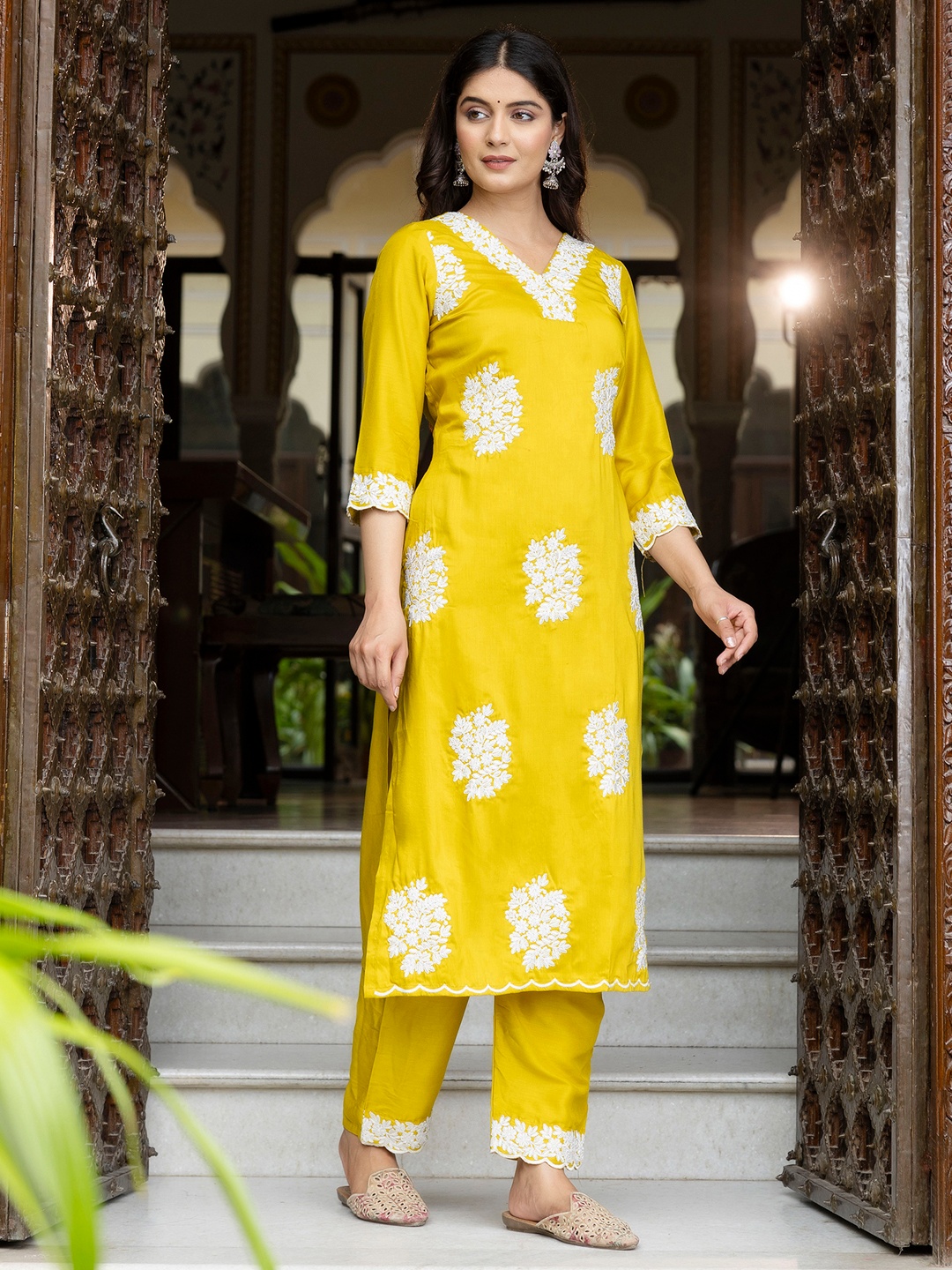 Yellow Round Neck Panel Embroidery Silk Blend Kurta Set