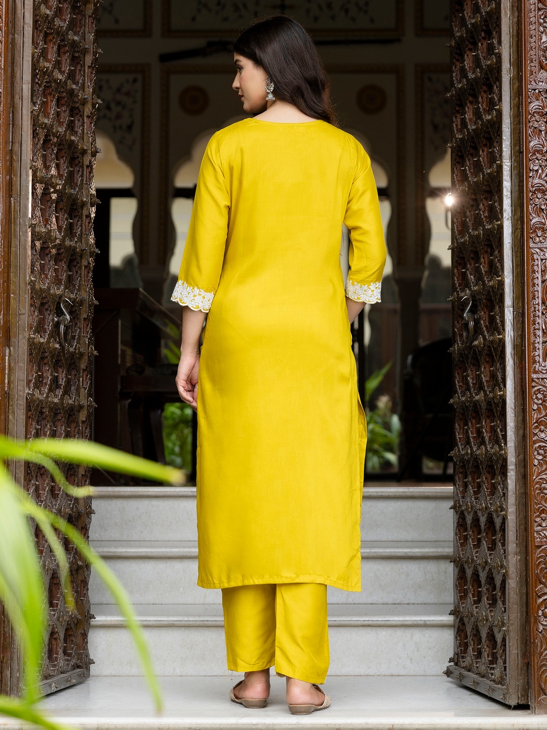 Yellow Round Neck Panel Embroidery Silk Blend Kurta Set — alternate view