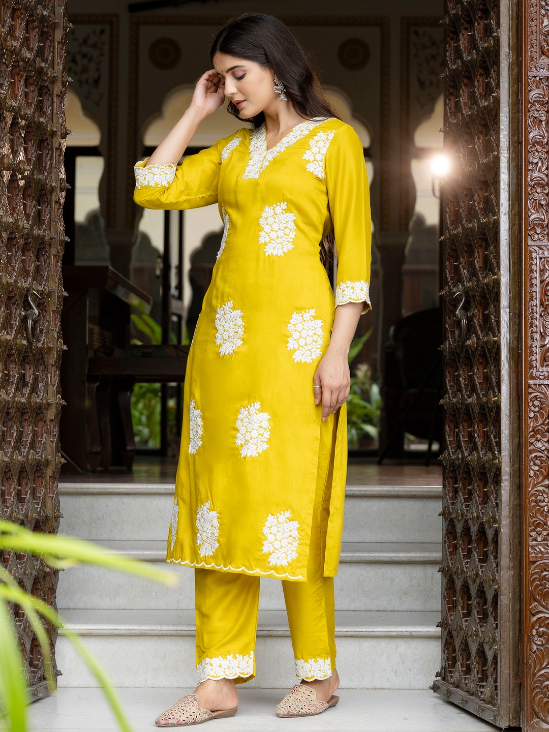 Yellow Round Neck Panel Embroidery Silk Blend Kurta Set