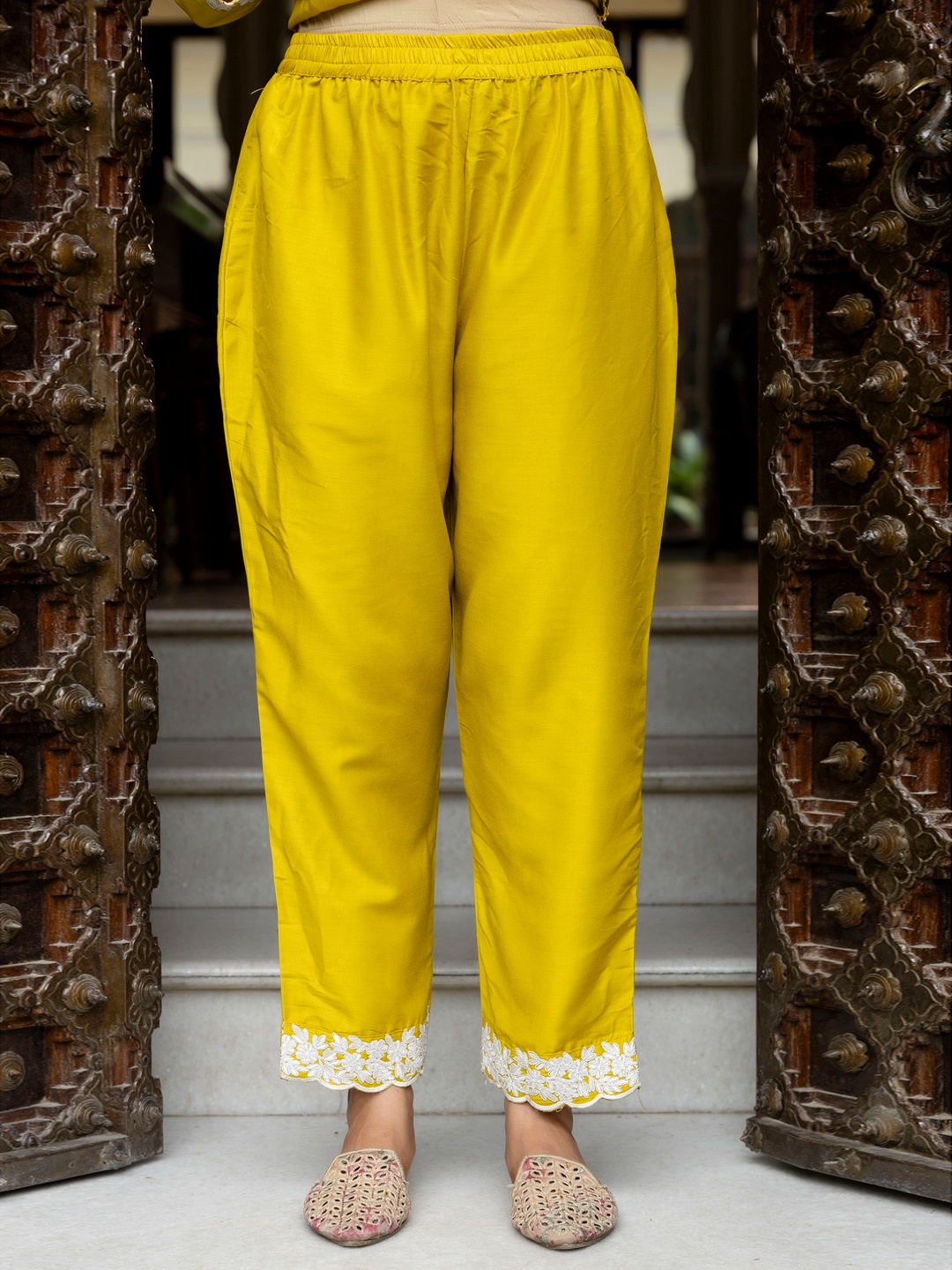 Yellow Round Neck Panel Embroidery Silk Blend Kurta Set