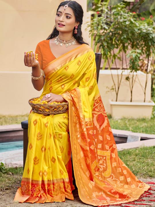 Yellow Rust Woven Designer Pochampalli Silk Saree