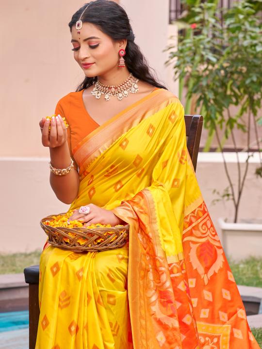 Yellow Rust Woven Designer Pochampalli Silk Saree — alternate view