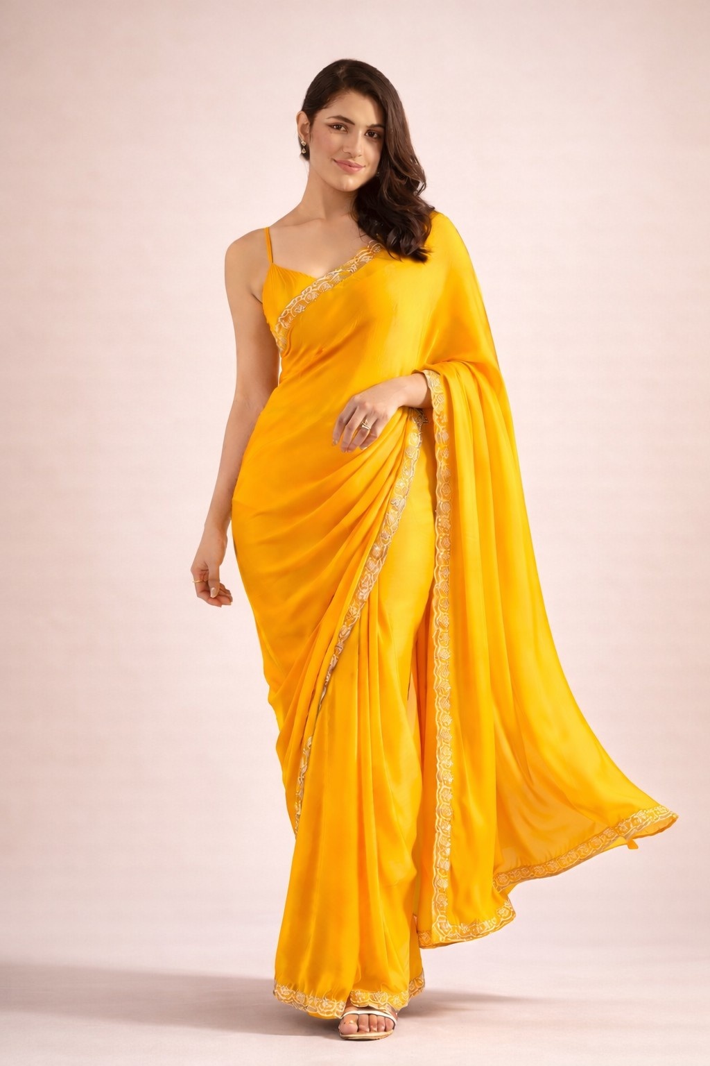 Yellow Satin Ready To Wear Saree