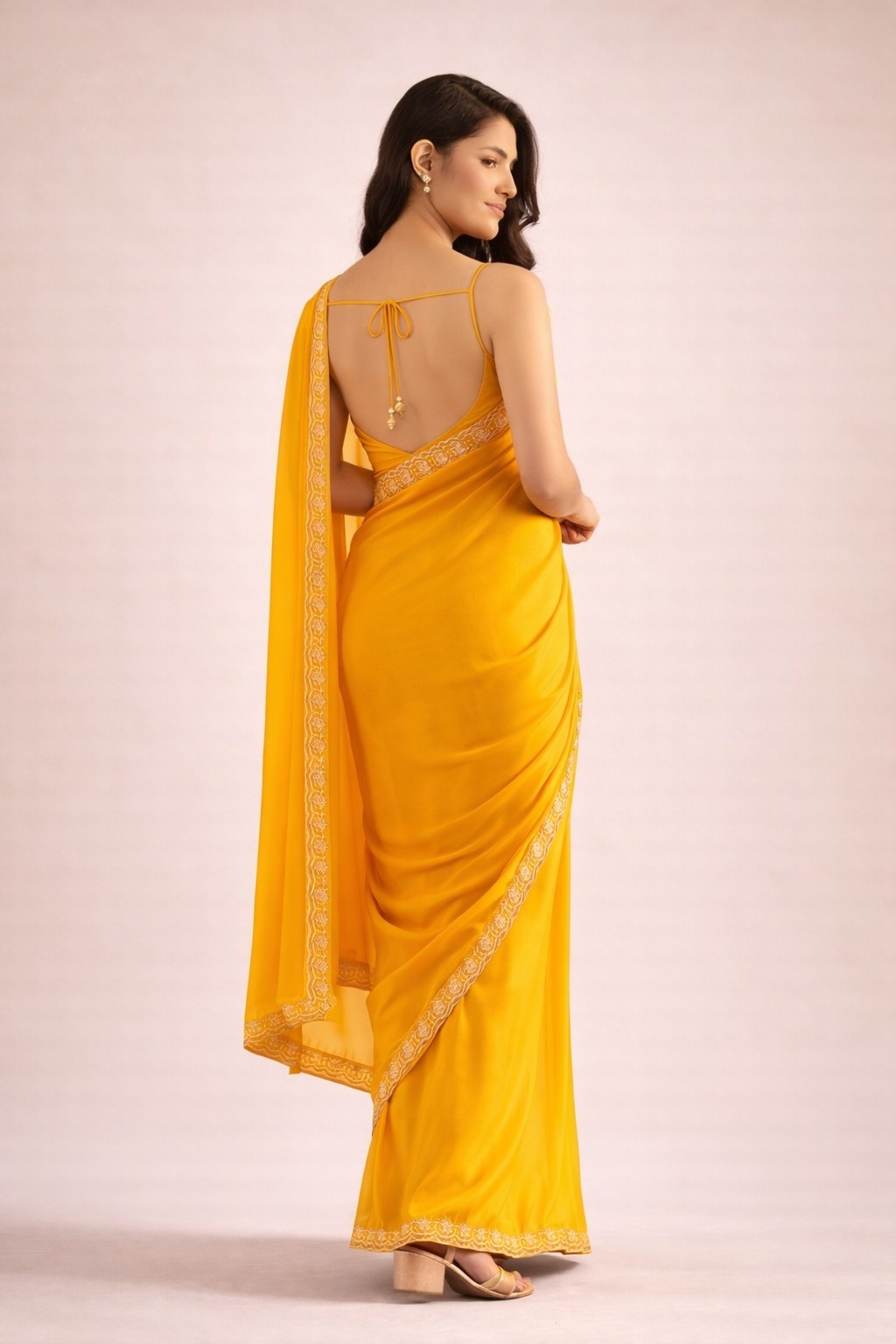 Yellow Satin Ready To Wear Saree — alternate view